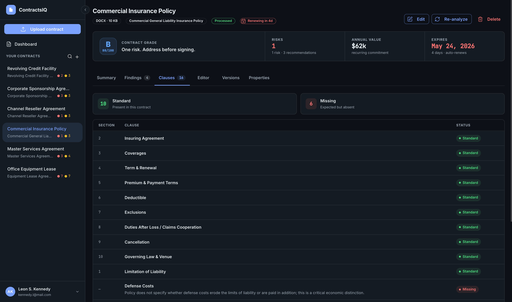 ContractsIQ clauses view in dark theme