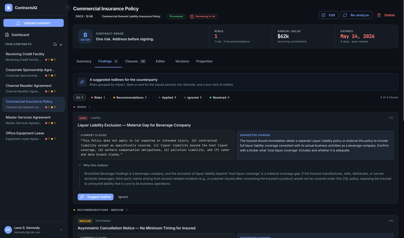 ContractsIQ findings view in dark theme