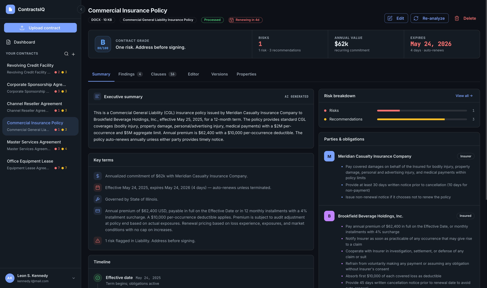 ContractsIQ summary view in dark theme