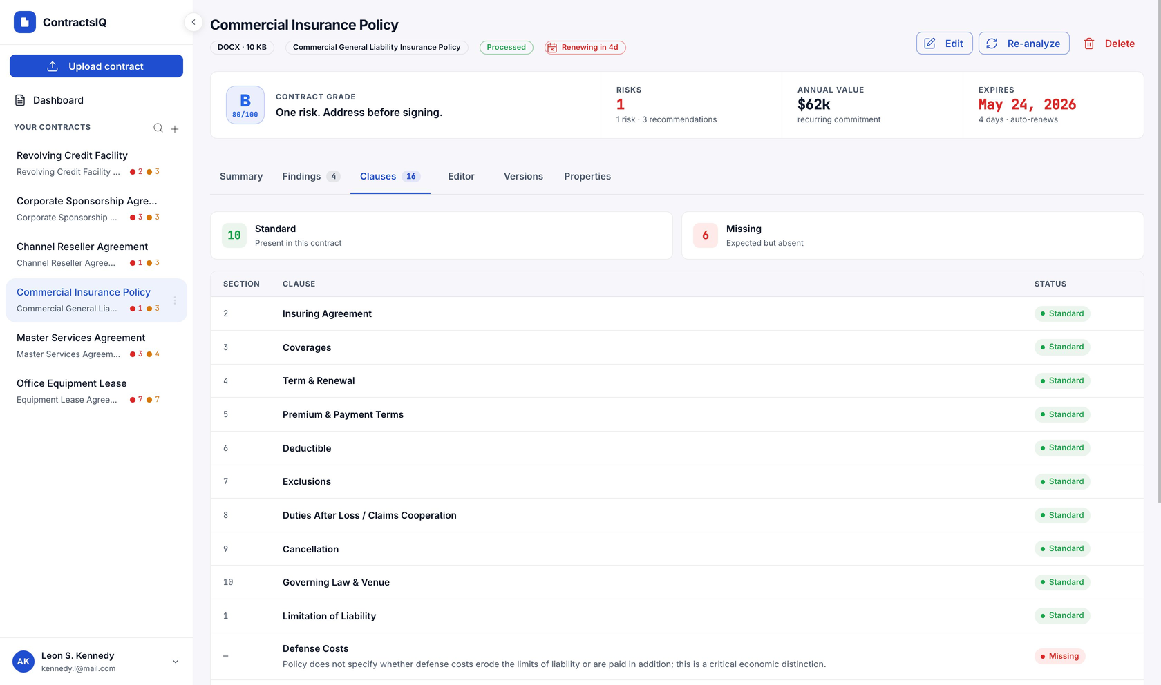 ContractsIQ clauses view in light theme