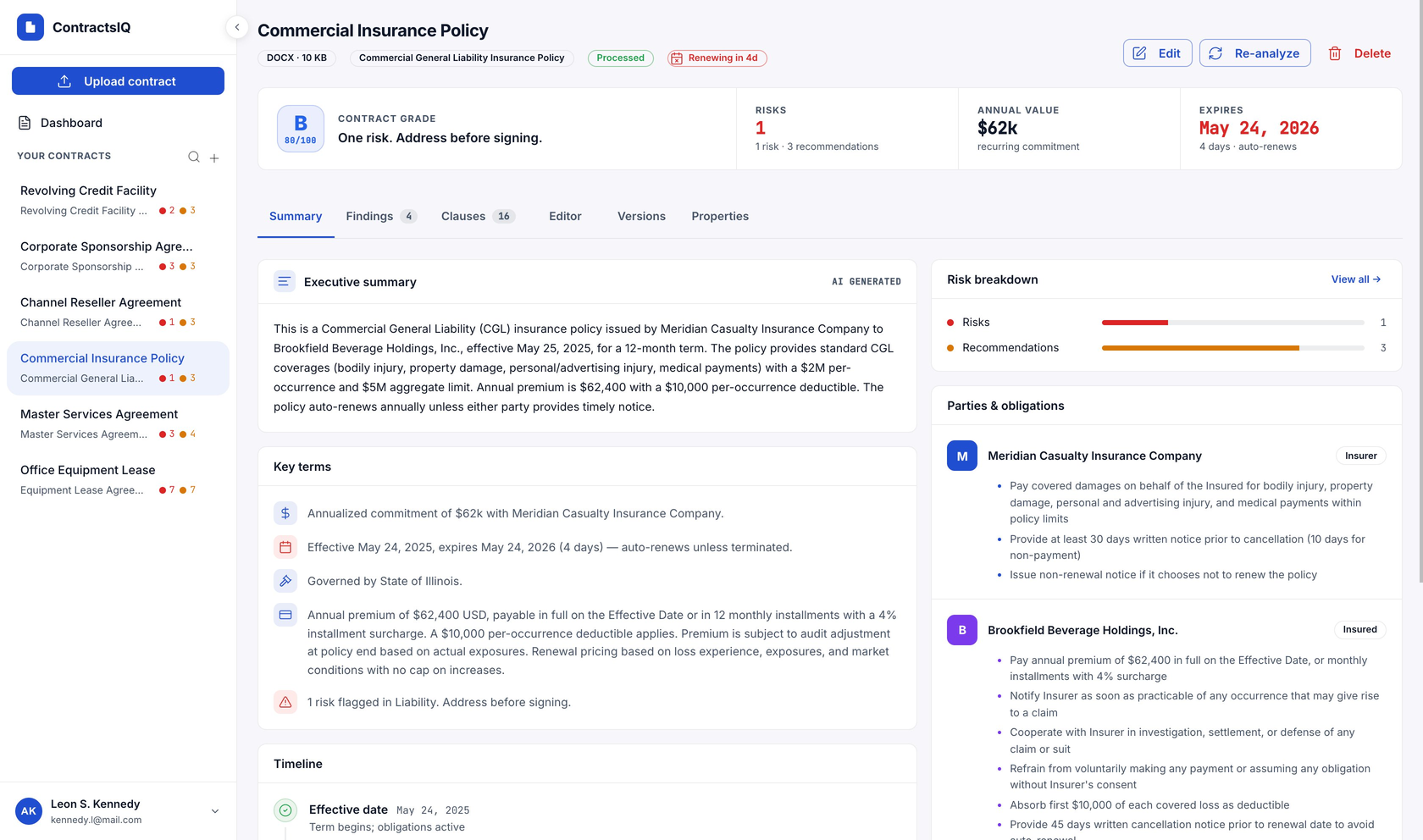 ContractsIQ summary view in light theme